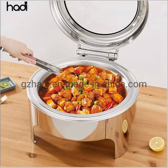Hotel Buffet Equipment Home Royal Elegant Soft Closing Cover 8qt Round Golden Chef Buffet Catering Serving Dish Set Food Warmer Gold Chafing Dishes for Catering