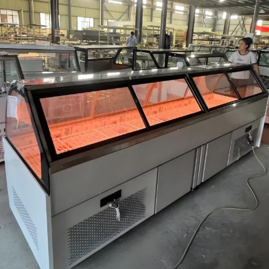 Deli Display Curved Glass Stainless Steel Cooked Food Display Showcase Fresh Meat Air Cooling Refrigeration Equipment 