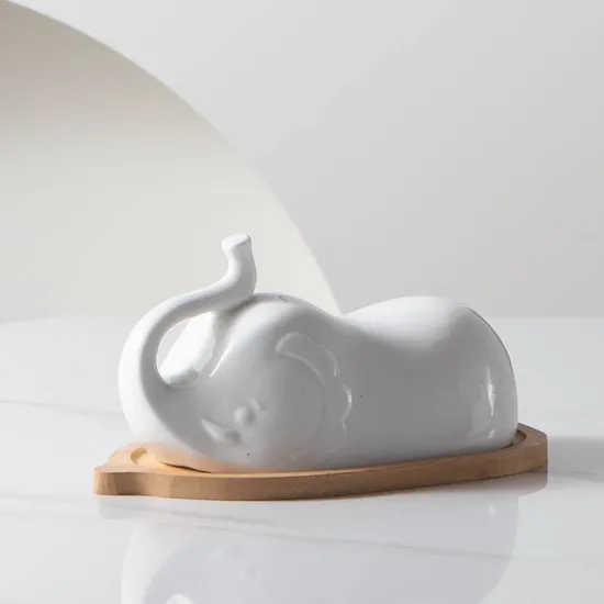 Bamboo Butter Dish with Elephant Shape Ceramic Lid for Countertop Kitchen 
